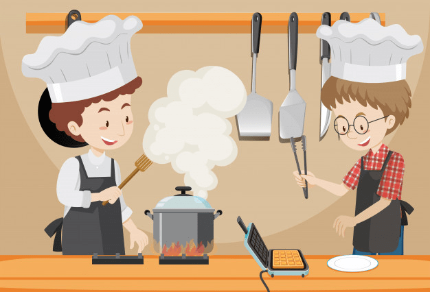 The cooks is preparing the food quickly because the restaurant will open in one hour.