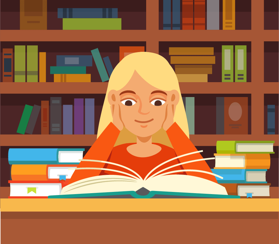 Kate is reading a book in the library.